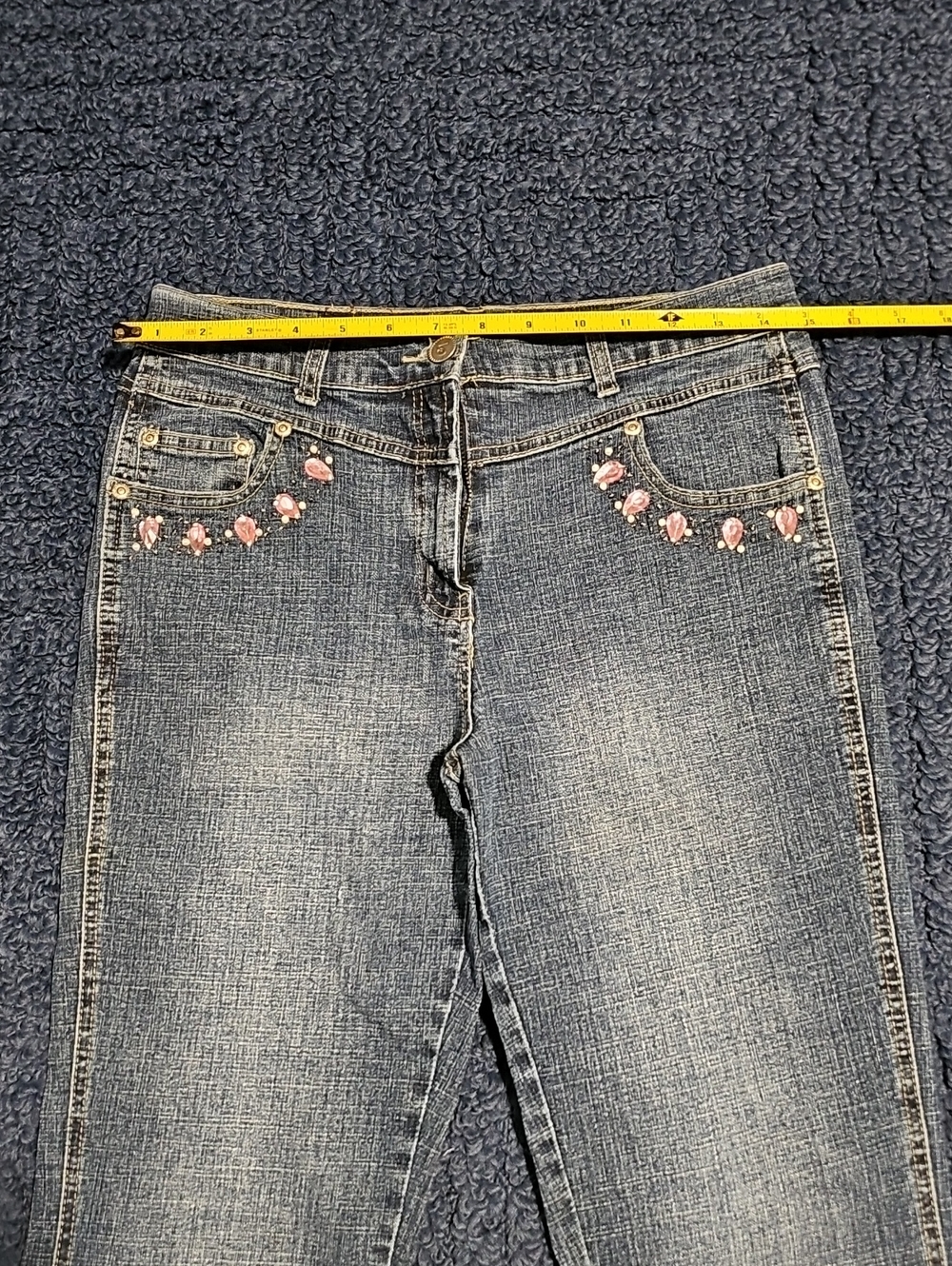 Mid Wash Blue Boot Cut Jeans with Pink Gem Accents